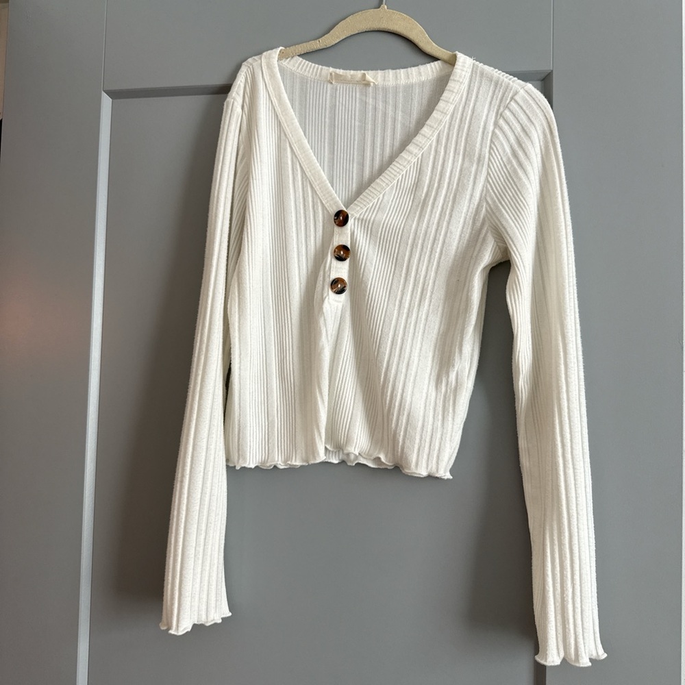 Women's White Ribbed Button-Up Top